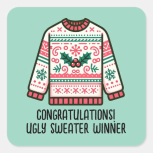 Festliches hässliches Weihnachtspullover-Gewinner- Quadratischer Aufkleber