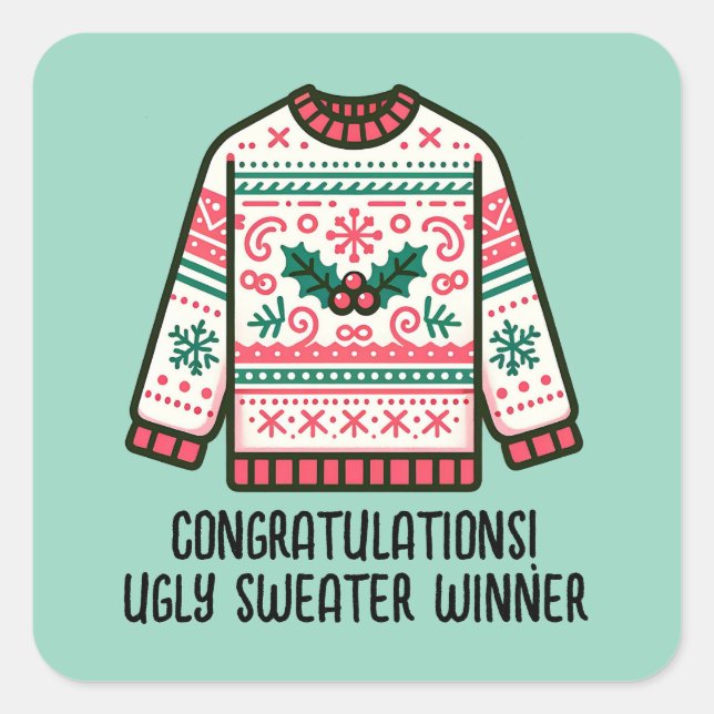 Festliches hässliches Weihnachtspullover-Gewinner- Quadratischer Aufkleber (Vorderseite)