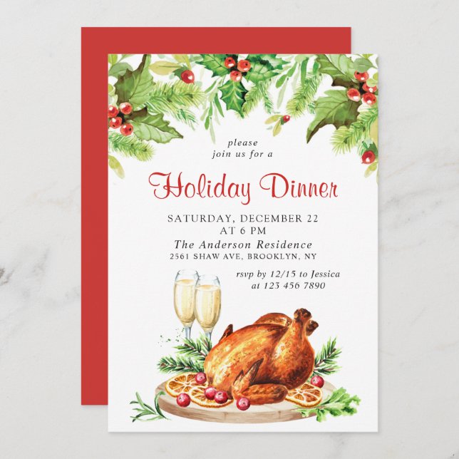 Festliches Holly Berry Weihnachtsfest Abendessen P Einladung (Vorne/Hinten)