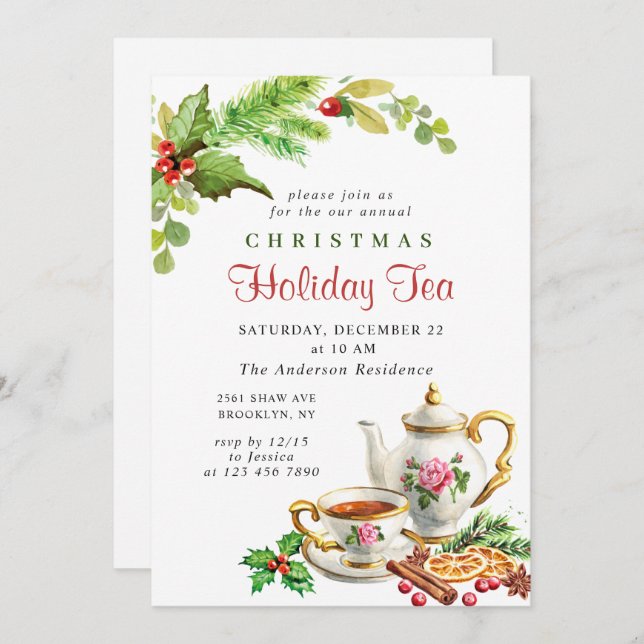 Festliches Holly Berry Weihnachtsfest Tea Party Einladung (Vorne/Hinten)