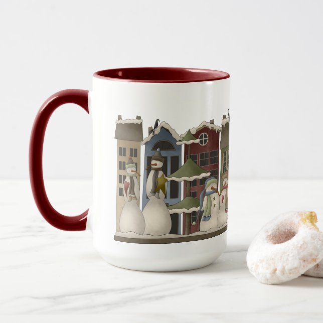 Festliches Land Rustikaler Schneemann Tasse (Mit Donut)