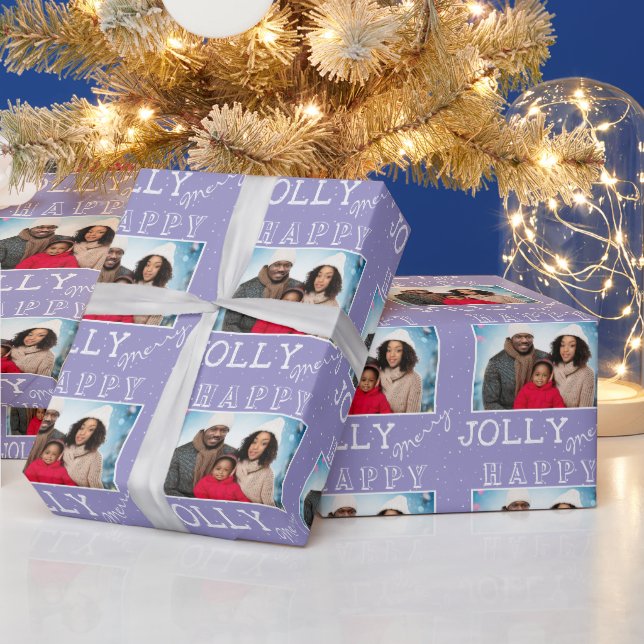 Festliches Lila Jolly Frohe Weihnachtsfamilie Foto Geschenkpapier (Feiertage)