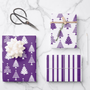 Festliches lila-weißes Weihnachtsbaum-Muster Geschenkpapier Set