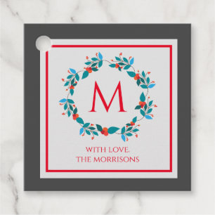 Festliches Monogramm Floralkranz Blau Rot Geschenkanhänger