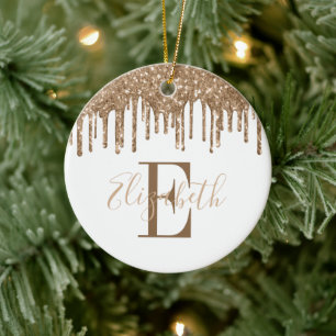 Festliches Monogramm Gold Glitter-Tropfen Keramik Ornament