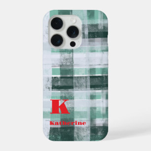 Festliches Monogramm-Karo-Tartan grün weiß rot iPhone 15 Pro Hülle