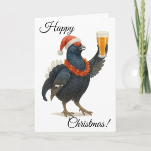 Festliches Moorhuhn, Weihnachtsmannmütze & Bier We Karte