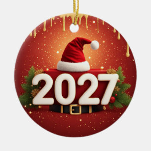 Festliches Neujahrsdesign 2027 Rot Gold Weihnach Keramik Ornament