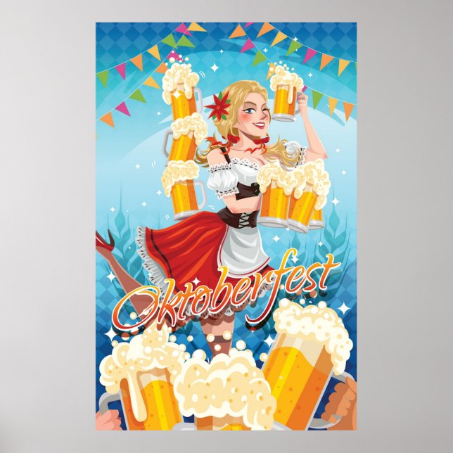 Festliches Oktoberfest in Rot mit Bieren Poster (Vorne)