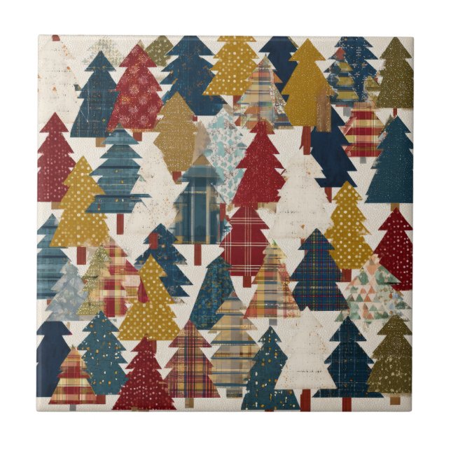 Festliches Patchwork-Weihnachtsbaum-Muster (2) Fliese (Vorderseite)