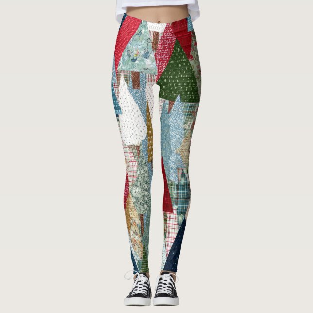 Festliches Patchwork-Weihnachtsbaum-Muster Leggings (Vorderseite)
