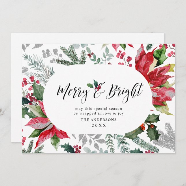Festliches Poinsettia Weihnachtsfest Mistletoe Fot Feiertagskarte (Vorne/Hinten)