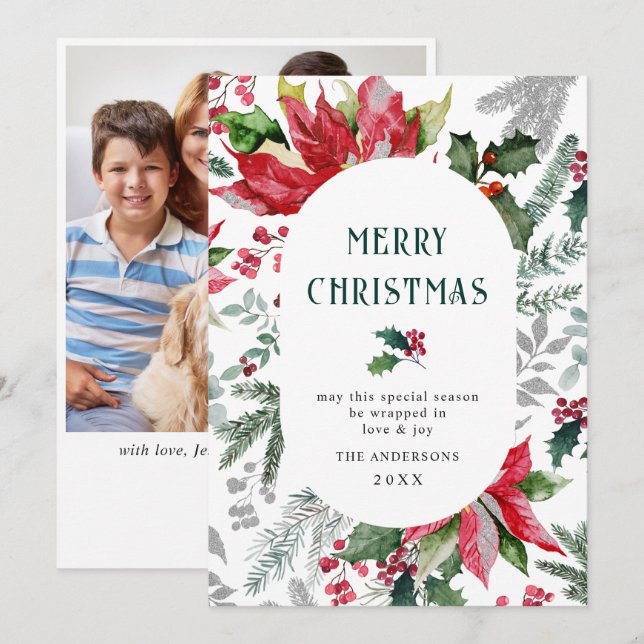 Festliches Poinsettia Weihnachtsfest Mistletoe Fot Feiertagskarte (Vorne/Hinten)