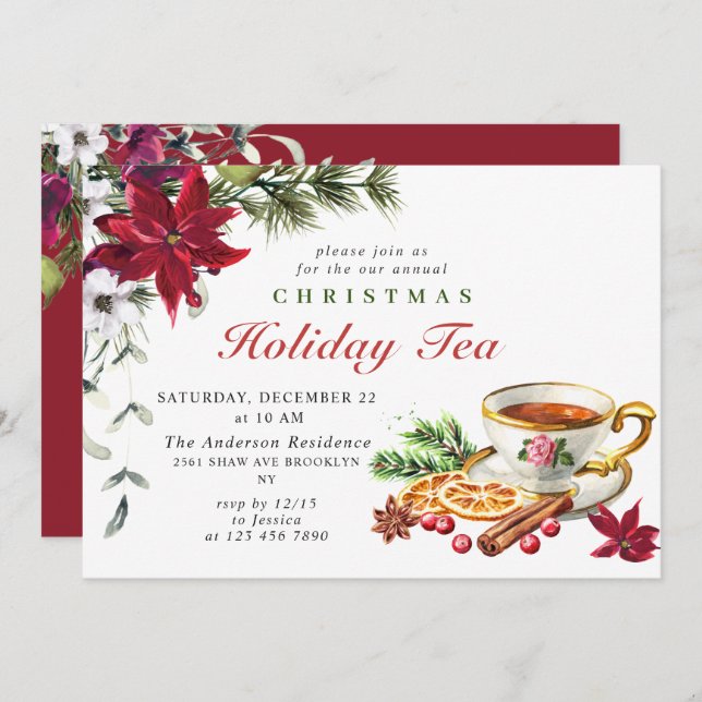 Festliches Poinsettia Weihnachtsfest Tea Party Einladung (Vorne/Hinten)