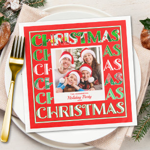 Festliches Retro-Rot-Weihnachts-Familienfoto Serviette