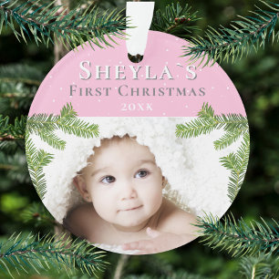 Festliches Rosa Baby`s erstes Weihnachtsfoto Ornament