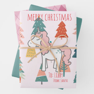 Festliches Rosa Einhorn Weihnachtssterne und Karo Geschenkpapier Set