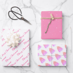 Festliches Rosa Frohe Weihnachten Baum Aquarell Geschenkpapier Set
