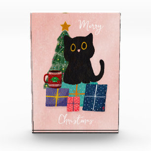 Festliches Rosa Frohe Weihnachten Süße Katze Kaffe Fotoblock