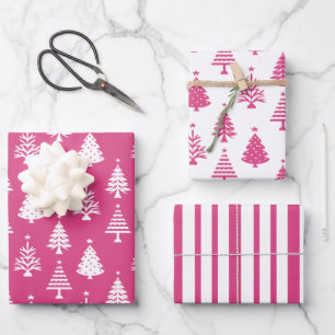 Festliches rosa und weißes Weihnachtsbaum-Muster Geschenkpapier Set