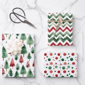 Festliches Rot, Grün, Weiß Weihnachtspapier | Geschenkpapier Set
