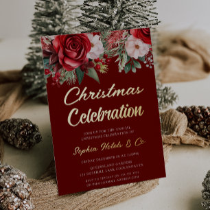 Festliches rotes florales Weihnachtsfest Gold Folieneinladung