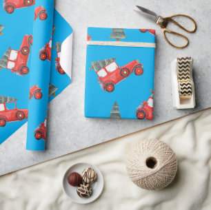 Festliches rotes Retro-Auto und Weihnachtsbaum-Mus Geschenkpapier