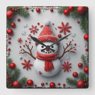 Festliches Schneemann-Design mit Weihnachtsdekorat Quadratische Wanduhr