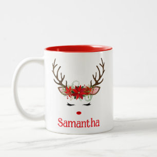 Festliches süßes Rentiergesicht mit Poinsettie Zweifarbige Tasse