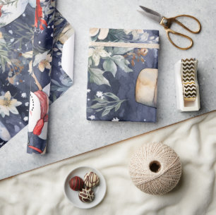 Festliches Vintage-Schneemann- & Weihnachtsblumenm Geschenkpapier
