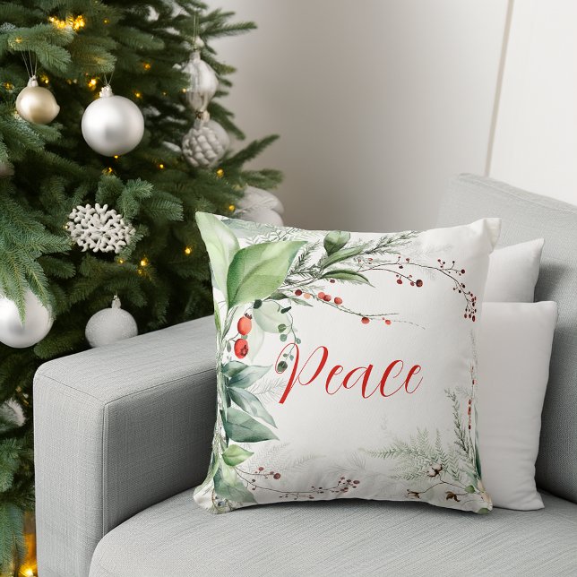 Festliches Wasserfarben-Grün Weihnachtsfrieden Kissen (Festive Watercolor Greenery Christmas Peace Throw Pillow)