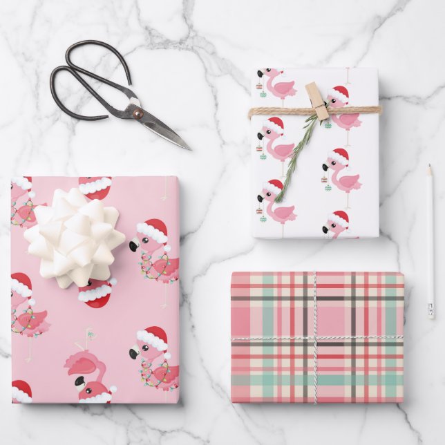 festliches Weihnachtsrosa Flamingo-Fliesenmuster Geschenkpapier Set (Vorderseite)