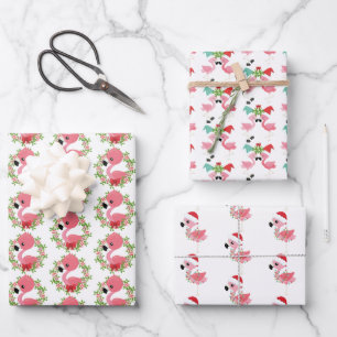 festliches Weihnachtsrosa Flamingo-Fliesenmuster Geschenkpapier Set