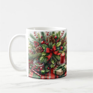 Festliches Weihnachtsrotes Band mit Grünzeug  Kaffeetasse