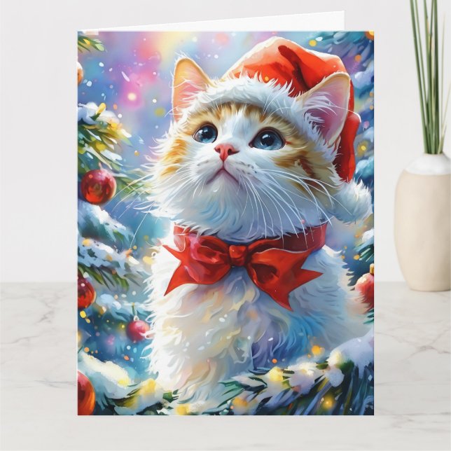 Festliches White Kitten in einer Weihnachtsmannmüt Karte (Vorderseite)