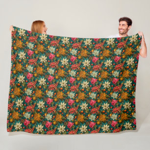 Festliches Zitrus- und Winterblumen-Weihnachtsmust Fleecedecke