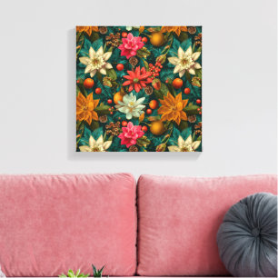 Festliches Zitrus- und Winterblumen-Weihnachtsmust Leinwanddruck