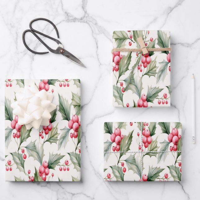 Festpackpapier für Holly und Beeren Geschenkpapier Set (Vorderseite)