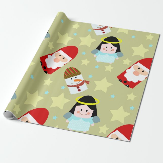 Festsmuster mit Engeln, Weihnachten und Schneemann Geschenkpapier (Ungerollt)