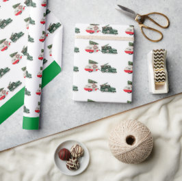 Festwagen und Camper Weihnachten rot und grün Geschenkpapier