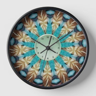 Fether Aquamarin, braun, blau und grün Mandala Uhr