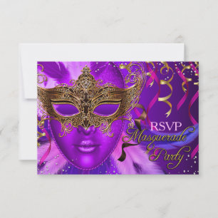 Fether Lila & Gold Maske Masquerade Party UAWG RSVP Karte