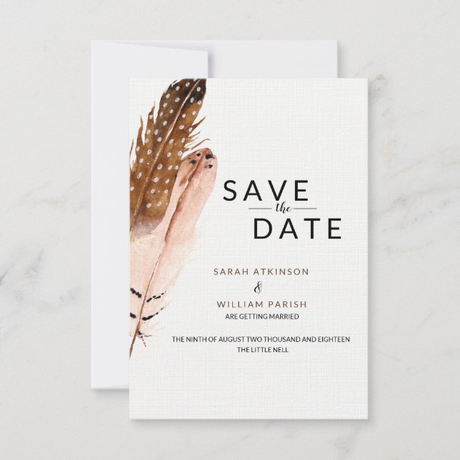Fether Watercolor Save the Date Card Einladung (Vorderseite)