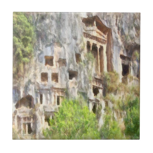 Fethiye Ancient Lycian Tombs Wasserfarbe Fliese (Vorderseite)