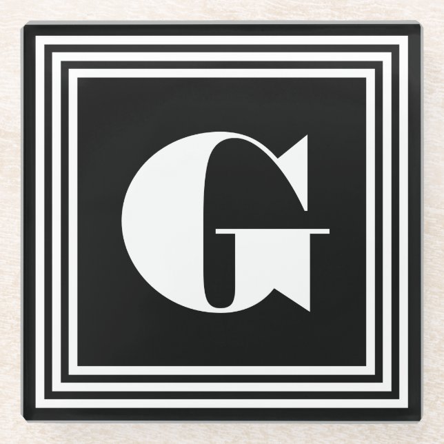 Fett 3-Rahmen-Monogramm | Schwarz/Weiß Glasuntersetzer (Vorderseite)