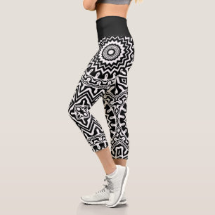 Fett Abstraktes Schwarz-Weiß-Mandala-Muster Capri Leggings