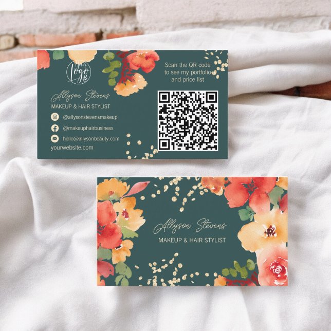 Fett aquamarines, blumengoldenes Make-up Haar Logo Visitenkarte (Bold fall floral gold makeup hair logo qr code business card on teal)