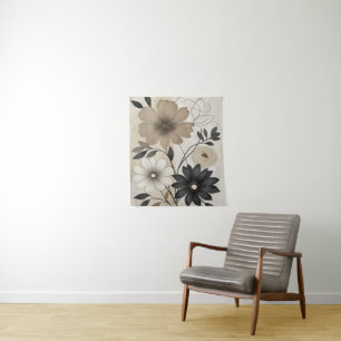 Fett Beige und Schwarz Floral Moderne neutrale Blu Wandteppich