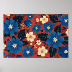 Fett Blau und Cream Floral auf rotem Hintergrund Poster