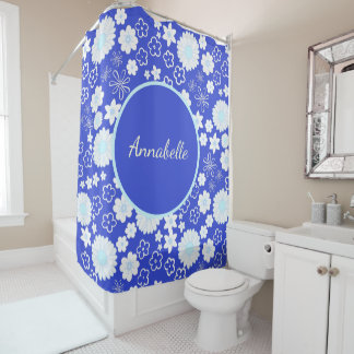 Fett Blau Weiße Blume Blumenmuster benannt Duschvorhang